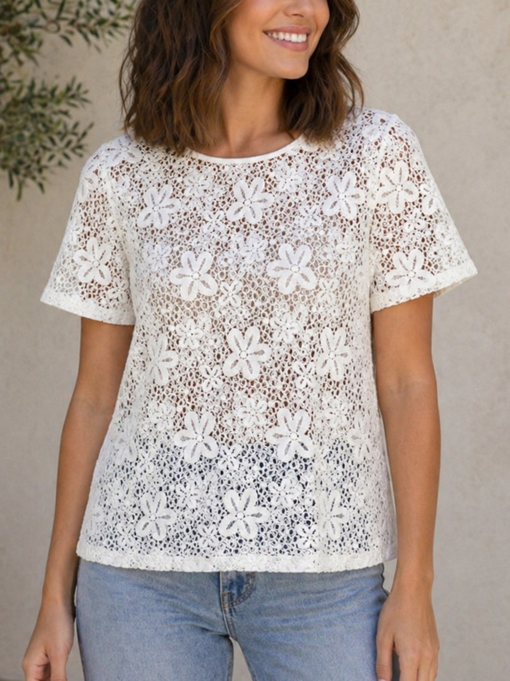 Ruby Rd White Short Sleeve Floral Lace Blouse size 12